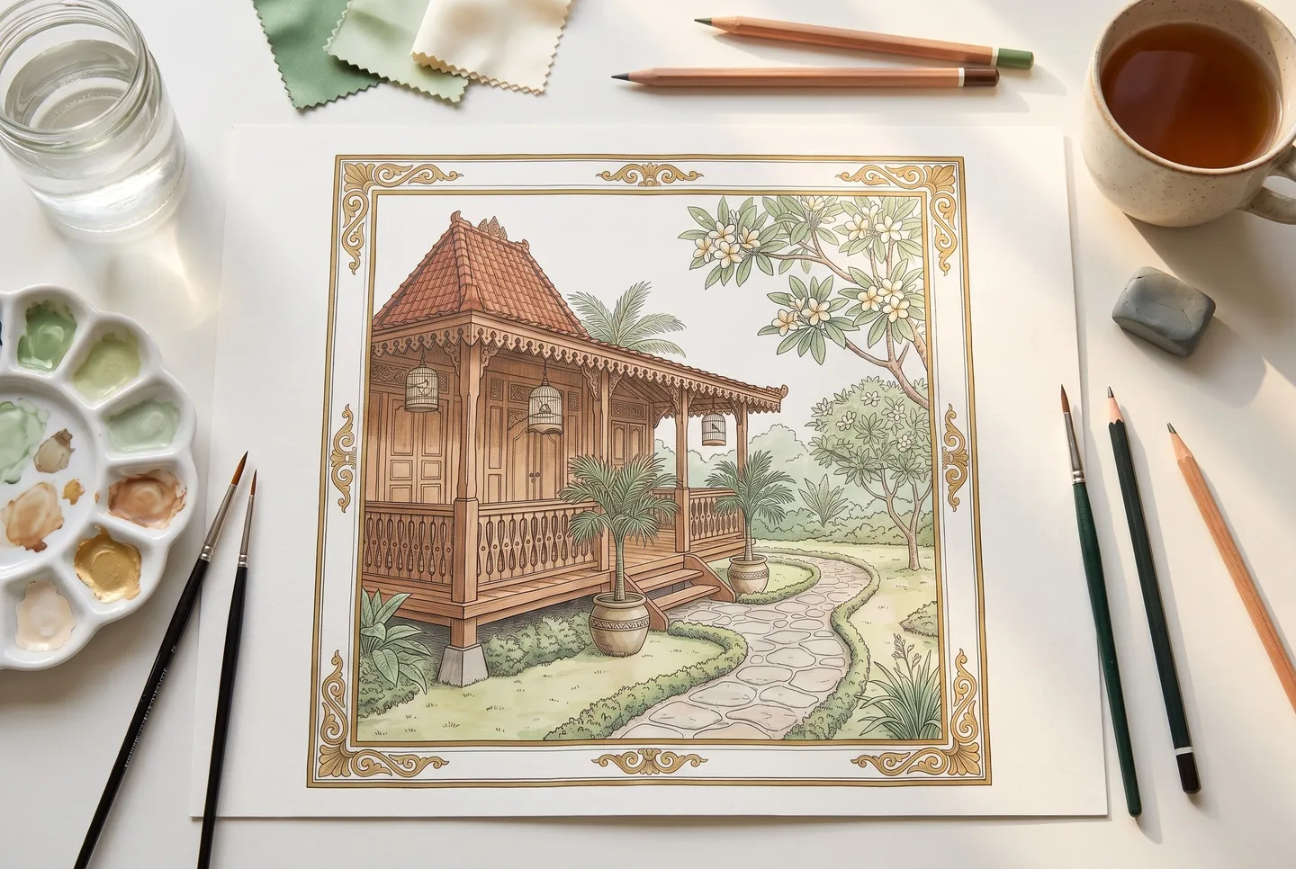Meja gambar dilihat dari atas: lukisan guas rumah joglo yang hampir selesai, kuas, palet, pensil, dan secangkir teh