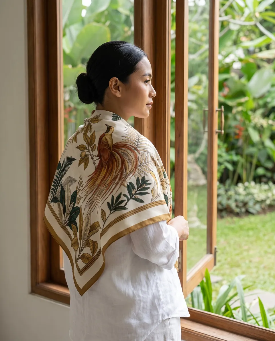 Seorang perempuan bersanggul dengan scarf Cendrawasih di bahunya, berdiri di depan jendela kayu yang menghadap taman