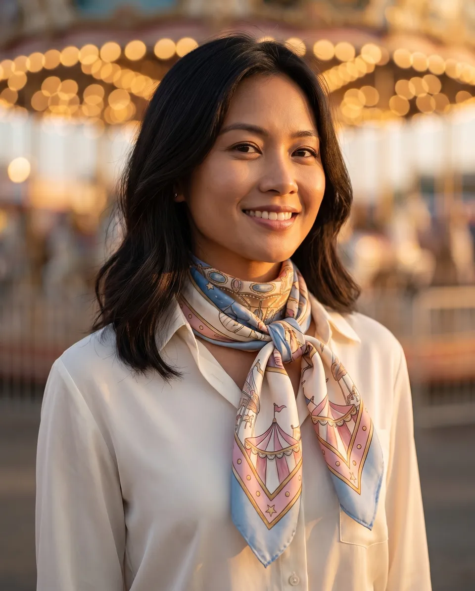 Seorang perempuan tersenyum dengan scarf Komidi Putar diikat di leher, dengan lampu-lampu pasar malam di belakangnya