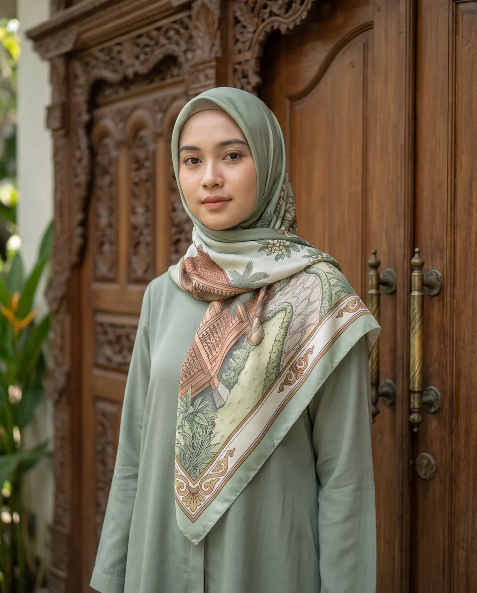 Seorang perempuan berhijab scarf Rumah Joglo warna hijau muda, berdiri di depan pintu kayu berukir