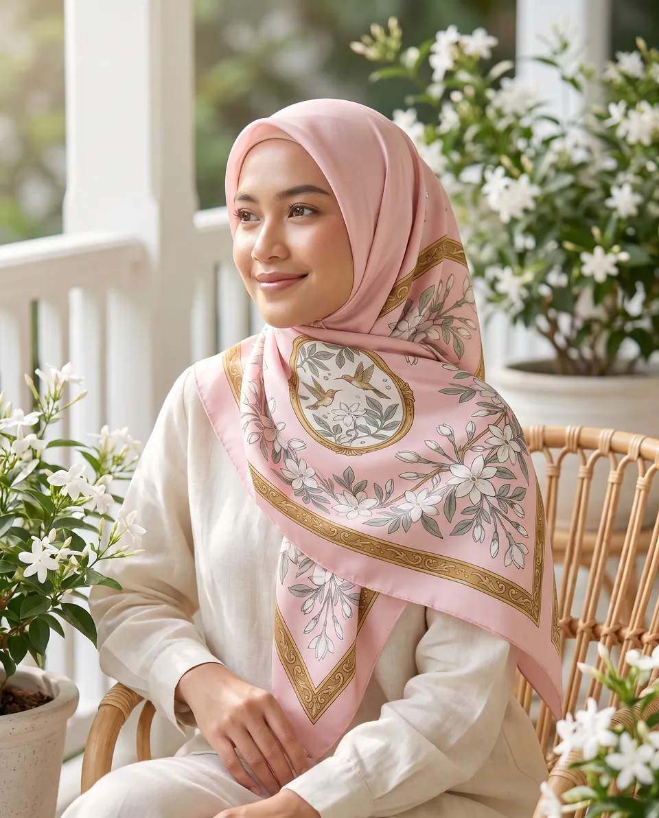 Seorang perempuan berhijab scarf Taman Melati warna merah muda, duduk di teras putih di antara pot melati